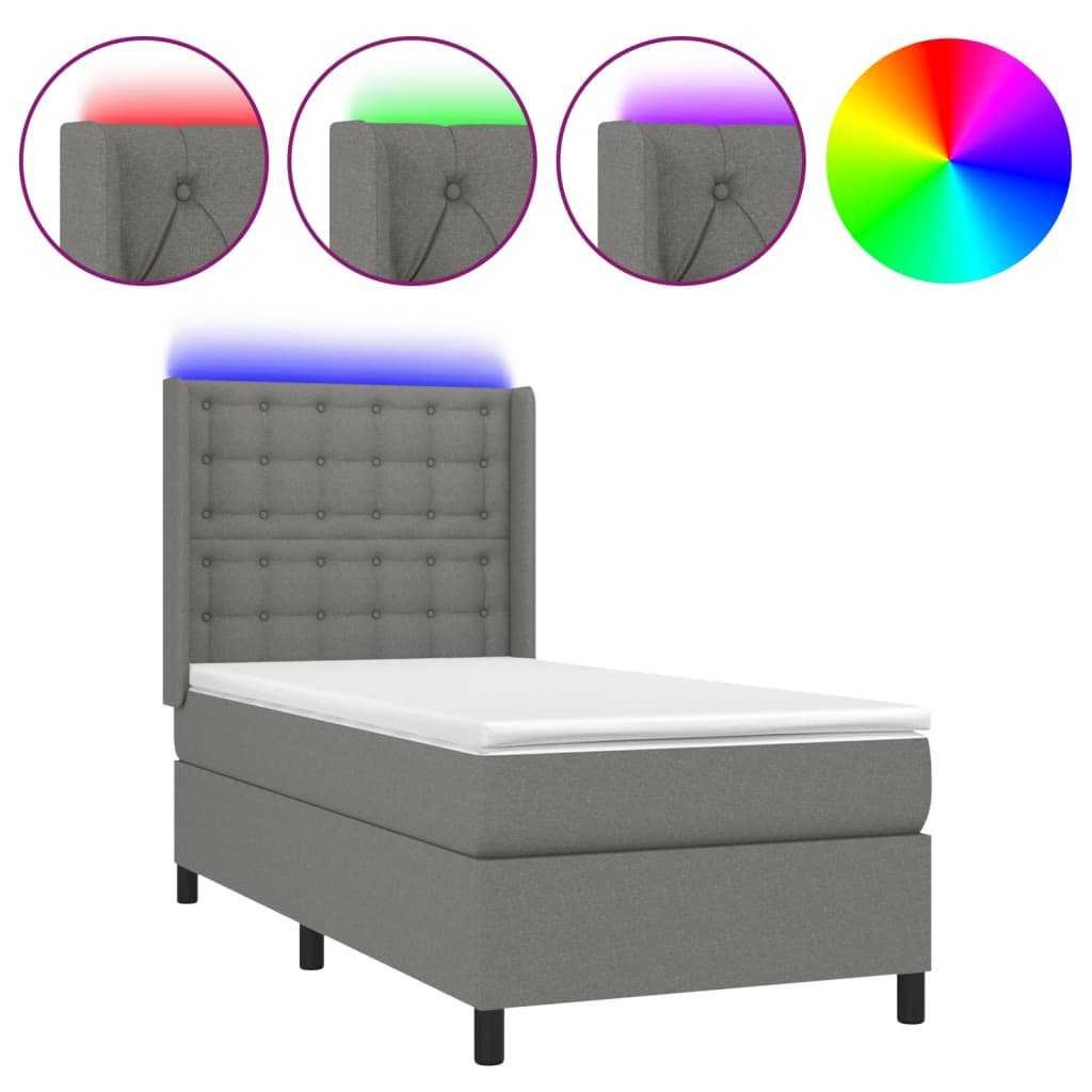 Cama box spring c/ colchão e LED 90x190 cm tecido cinza-escuro