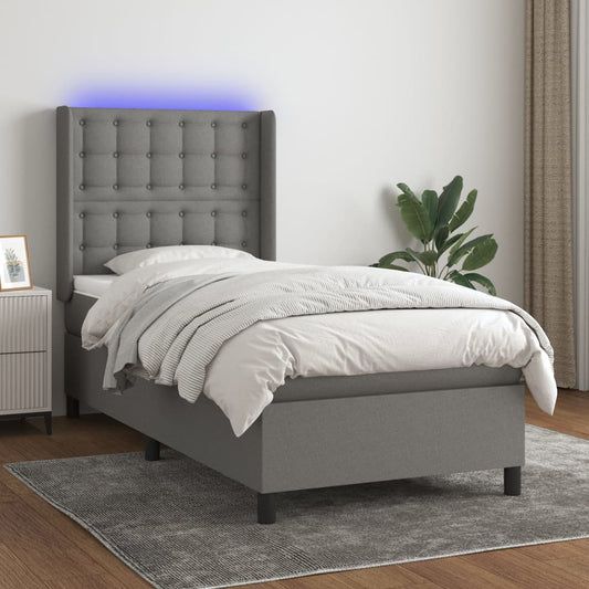 Cama box spring c/ colchão e LED 90x190 cm tecido cinza-escuro