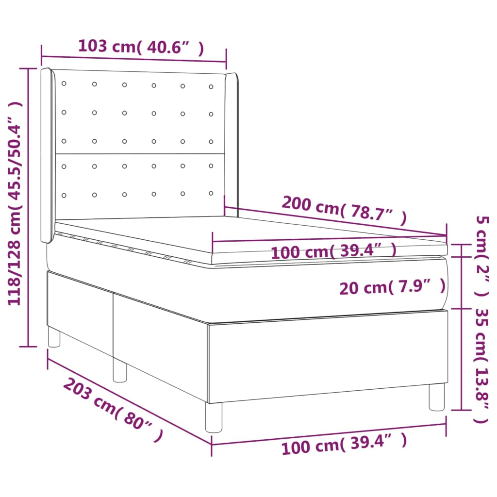 Cama box spring c/ colchão e LED 100x200 cm tecido cinza-claro