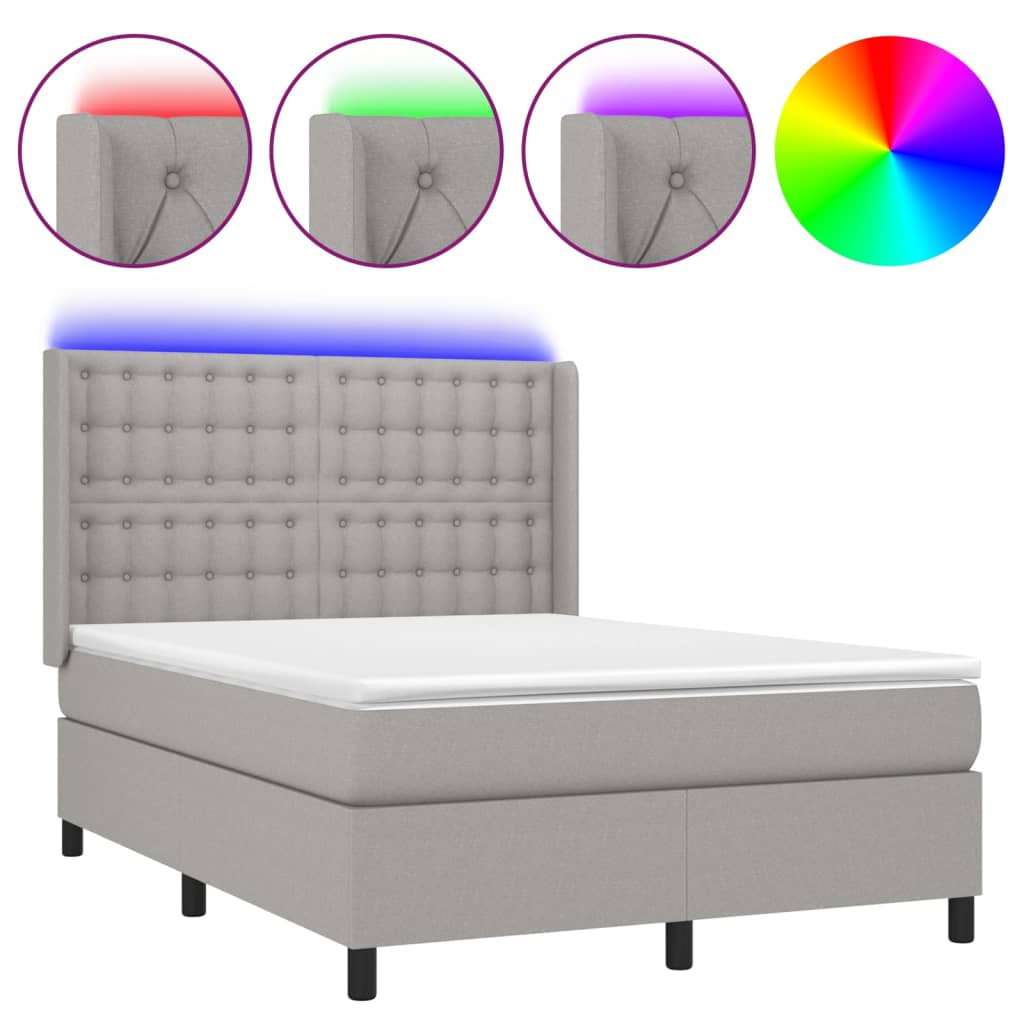 Cama box spring c/ colchão e LED 140x190 cm tecido cinza-claro