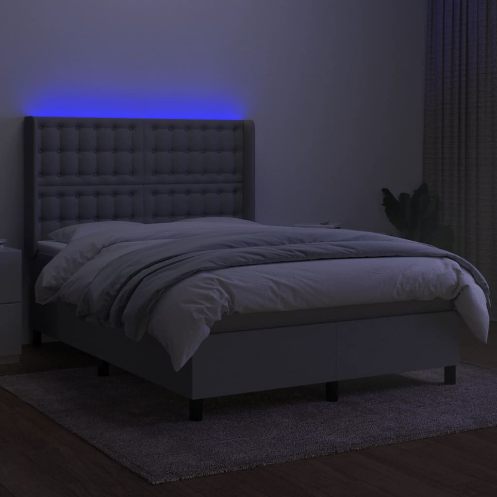 Cama box spring c/ colchão e LED 140x190 cm tecido cinza-claro