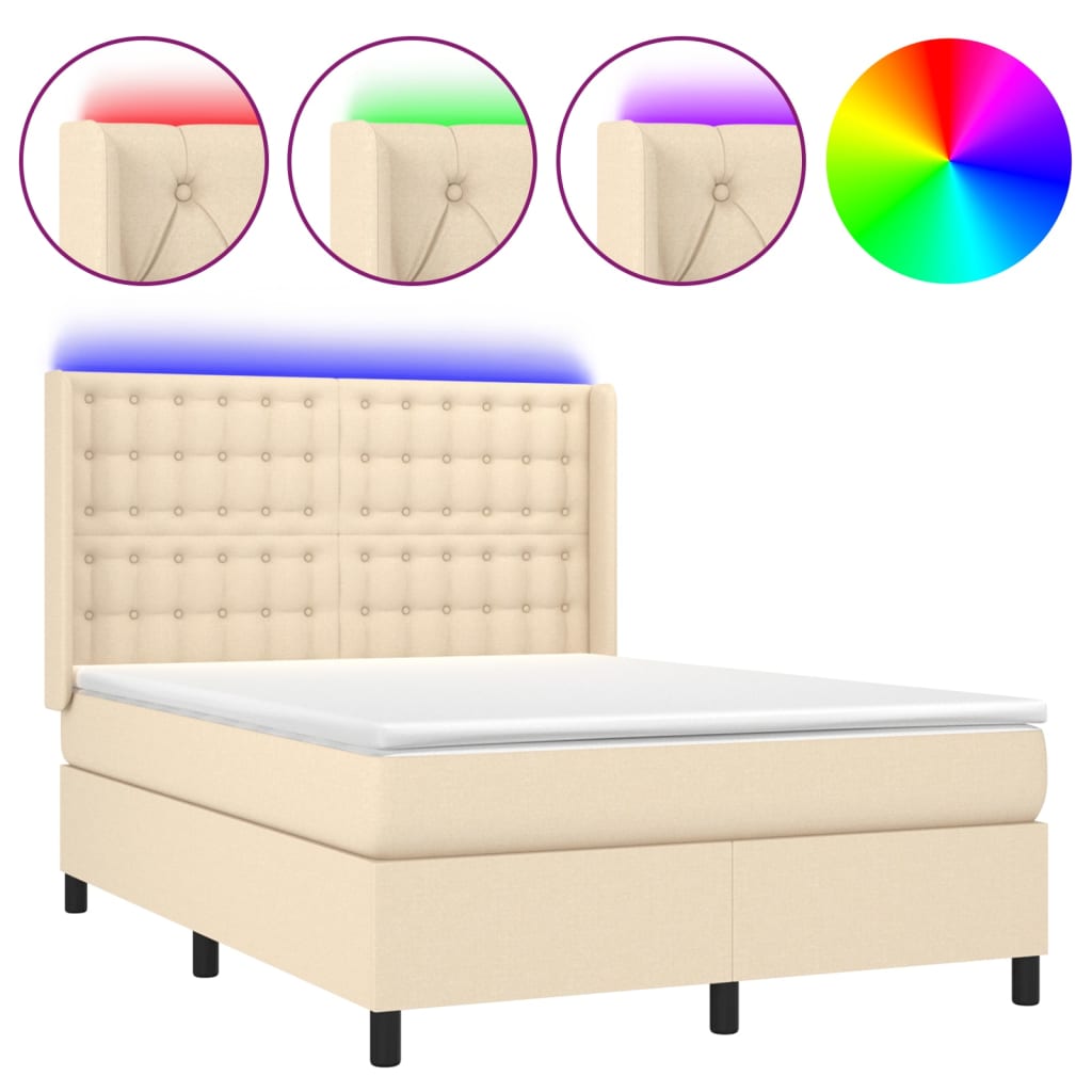 Cama box spring c/ colchão e LED 140x190 cm tecido cor creme