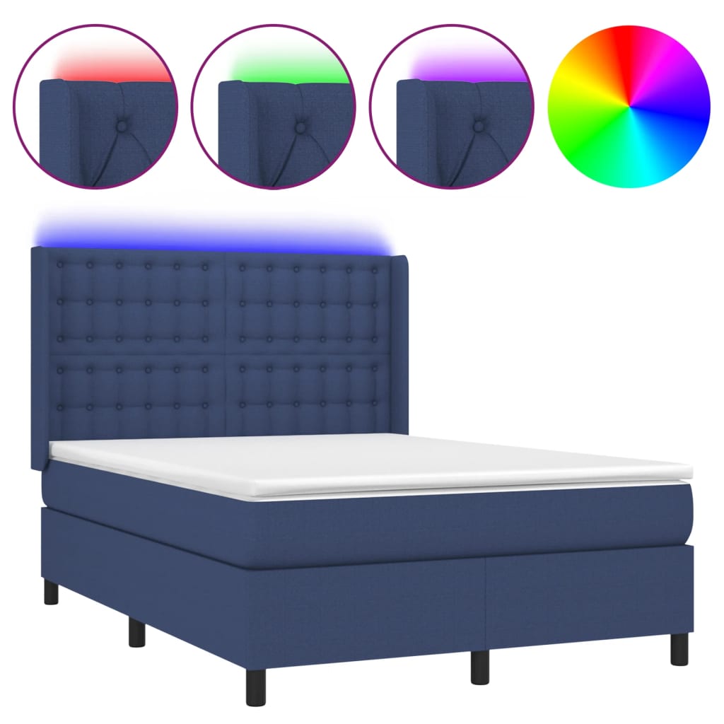 Cama box spring c/ colchão e LED 140x190 cm tecido azul