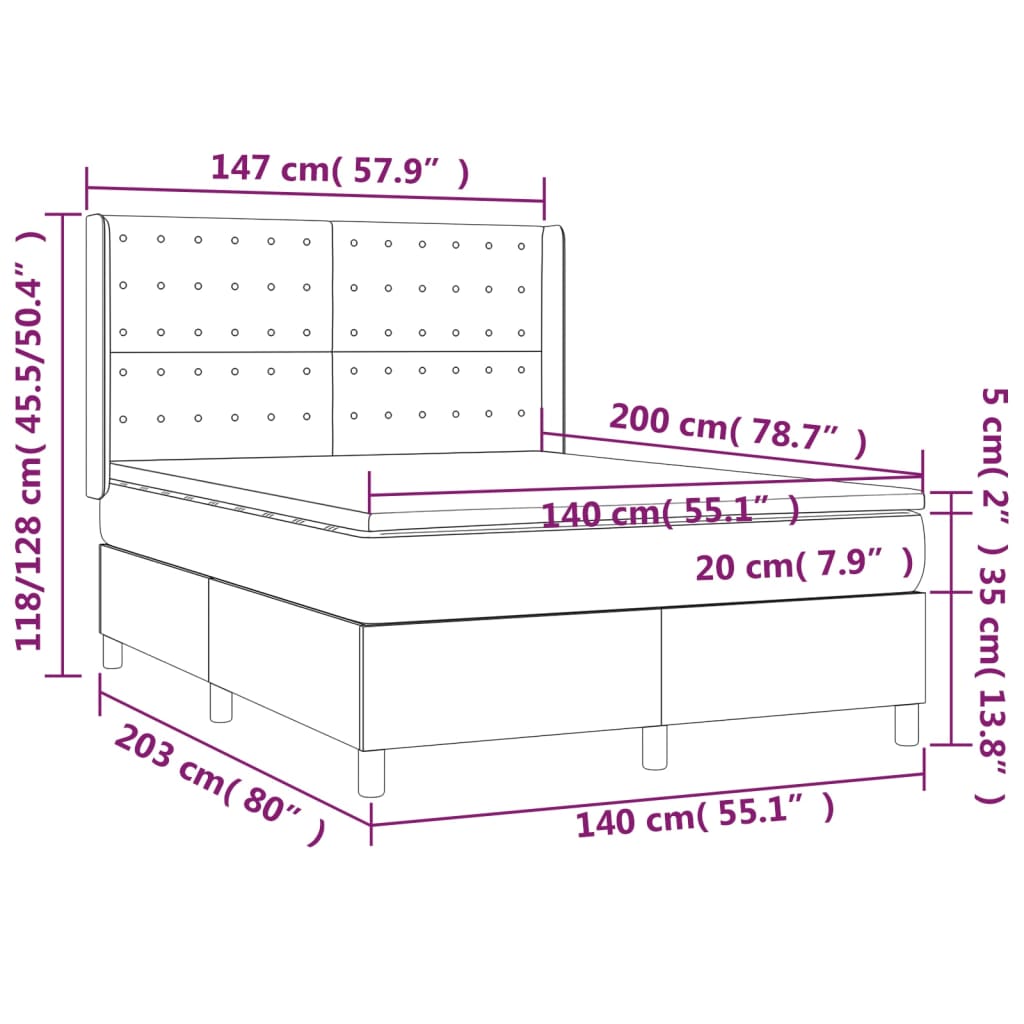 Cama box spring c/ colchão e LED 140x200 cm tecido cor creme