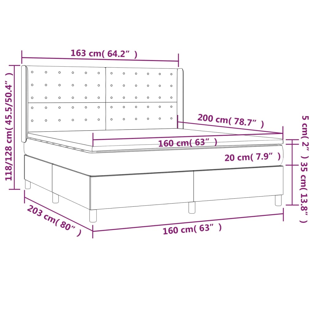 Cama box spring c/ colchão e LED 160x200 cm tecido cinza-escuro