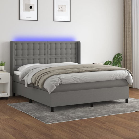 Cama box spring c/ colchão e LED 160x200 cm tecido cinza-escuro