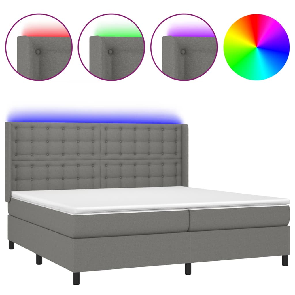 Cama box spring c/ colchão e LED 200x200 cm tecido cinza-escuro