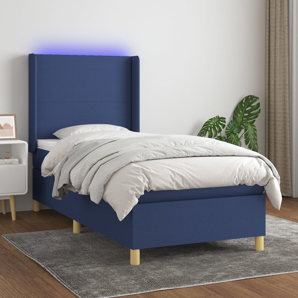 Cama box spring c/ colchão e LED 90x200 cm tecido azul