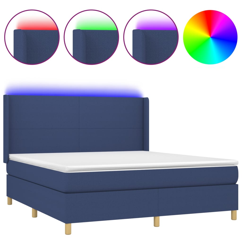 Cama box spring c/ colchão e LED 160x200 cm tecido azul