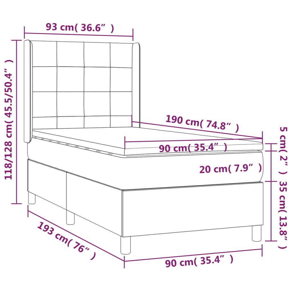 Cama box spring c/ colchão/LED 90x190 cm tecido castanho-escuro