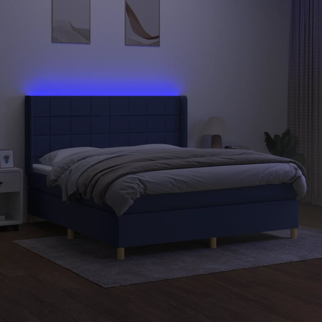 Cama box spring c/ colchão e LED 180x200 cm tecido azul