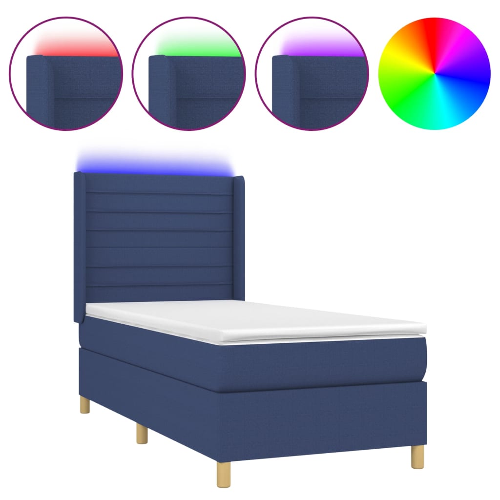 Cama box spring c/ colchão e LED 90x190 cm tecido azul