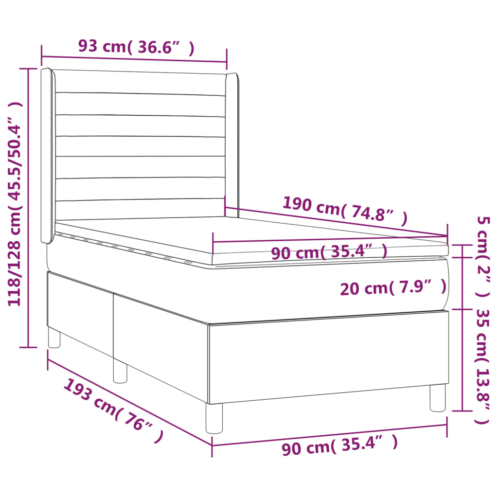 Cama box spring c/ colchão e LED 90x190 cm tecido azul