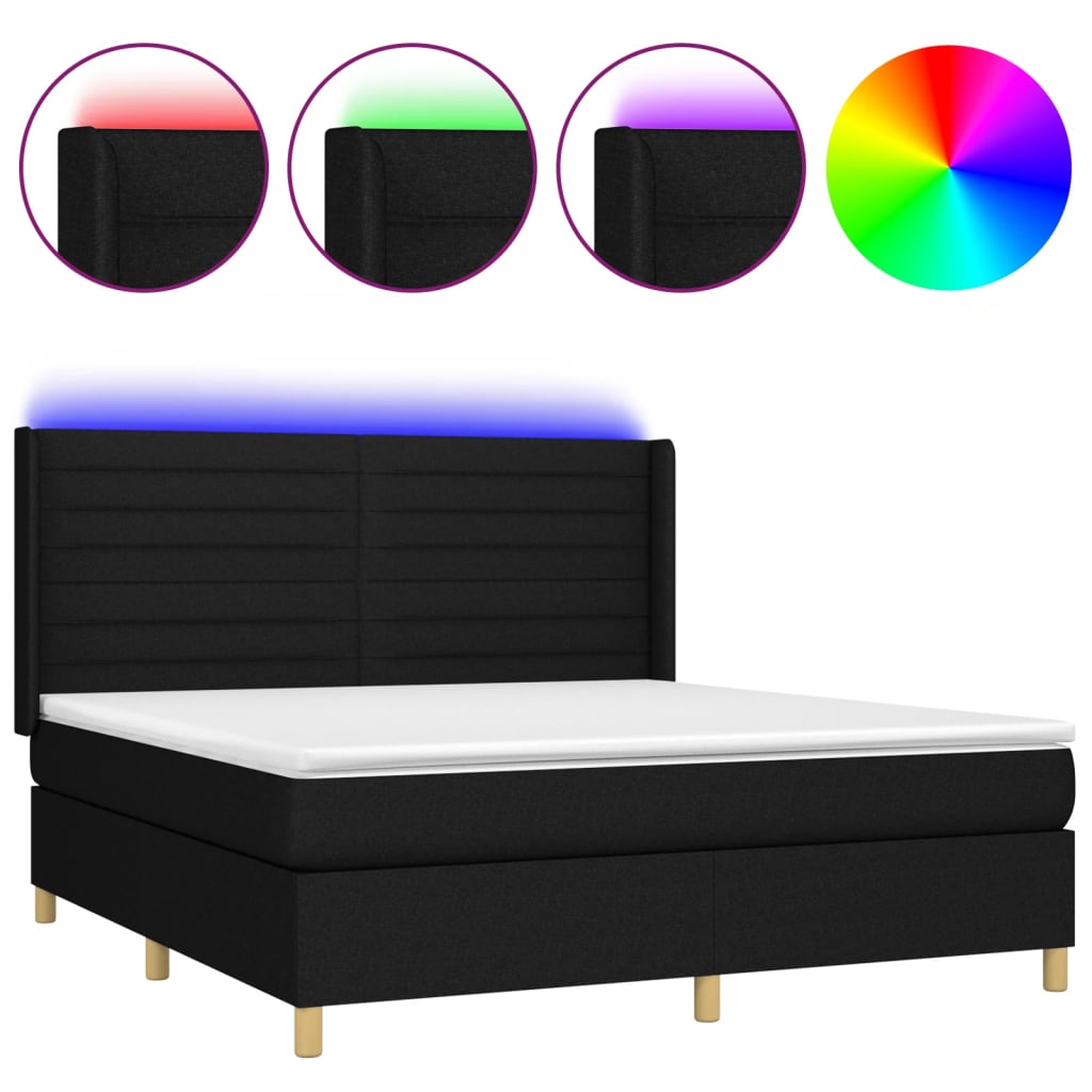 Cama box spring c/ colchão e LED 160x200 cm tecido preto