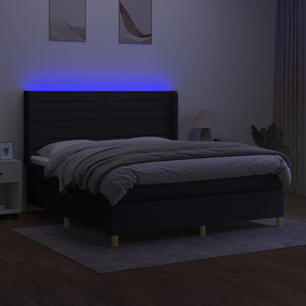 Cama box spring c/ colchão e LED 160x200 cm tecido preto