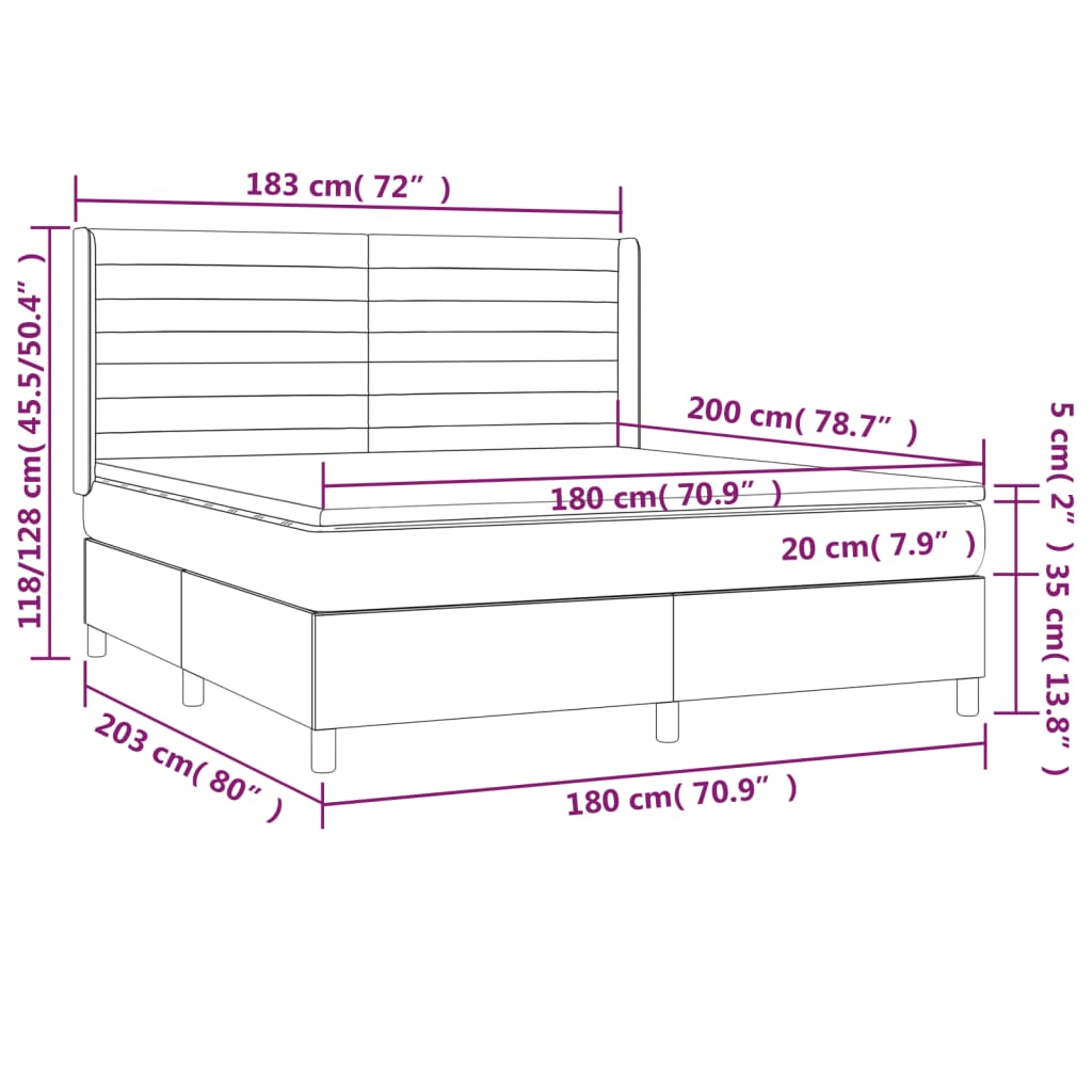 Cama box spring c/ colchão e LED 180x200 cm tecido preto