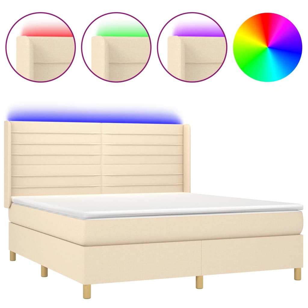 Cama box spring c/ colchão e LED 180x200 cm tecido cor creme