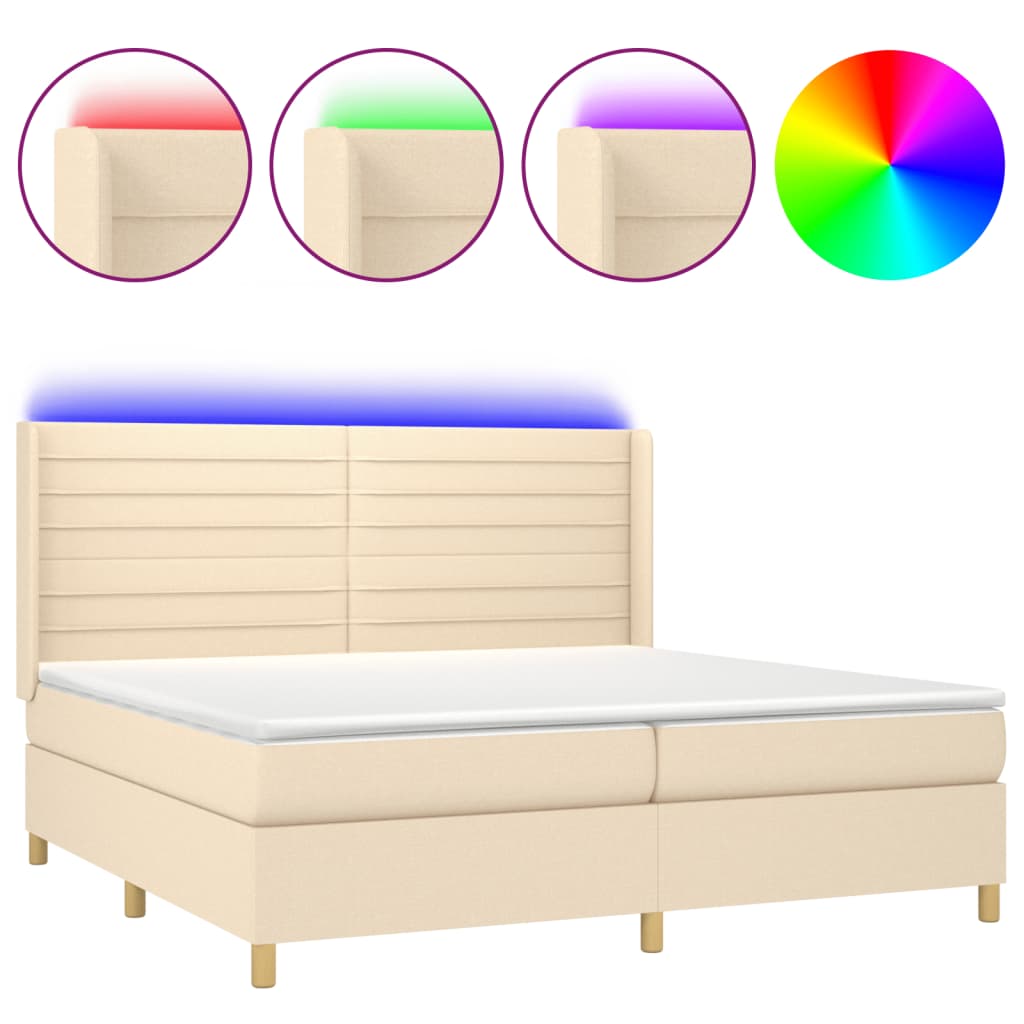 Cama box spring c/ colchão e LED 200x200 cm tecido cor creme