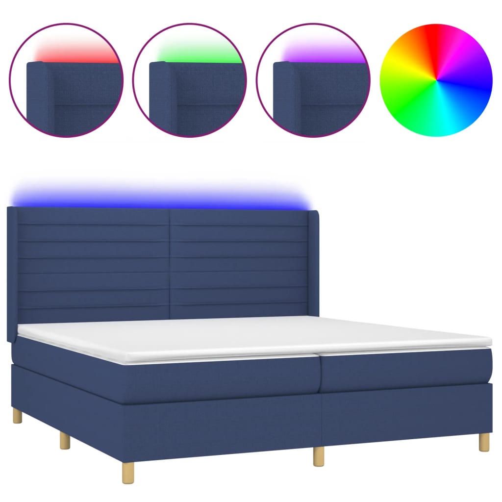 Cama box spring c/ colchão e LED 200x200 cm tecido azul