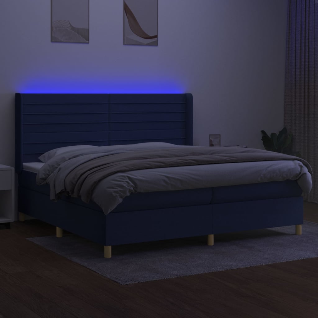 Cama box spring c/ colchão e LED 200x200 cm tecido azul