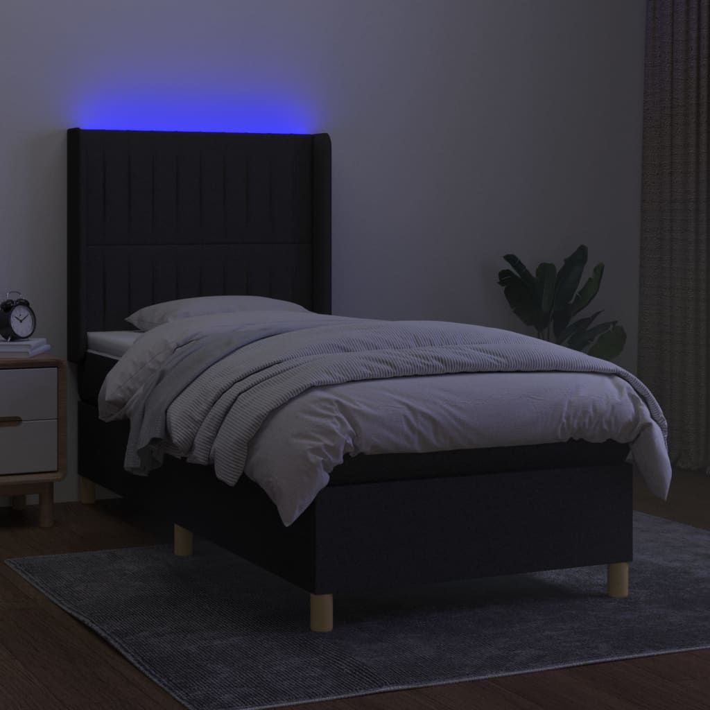 Cama box spring c/ colchão e LED 90x200 cm tecido preto