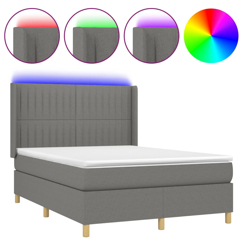 Cama box spring c/ colchão e LED 140x190 cm tecido cinza-escuro