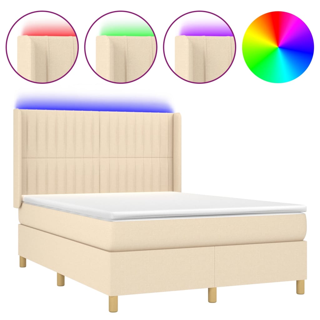 Cama box spring c/ colchão e LED 140x190 cm tecido cor creme