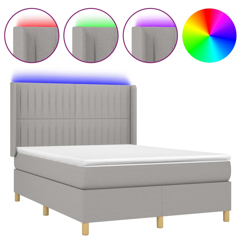 Cama box spring c/ colchão e LED 140x200 cm tecido cinza-claro