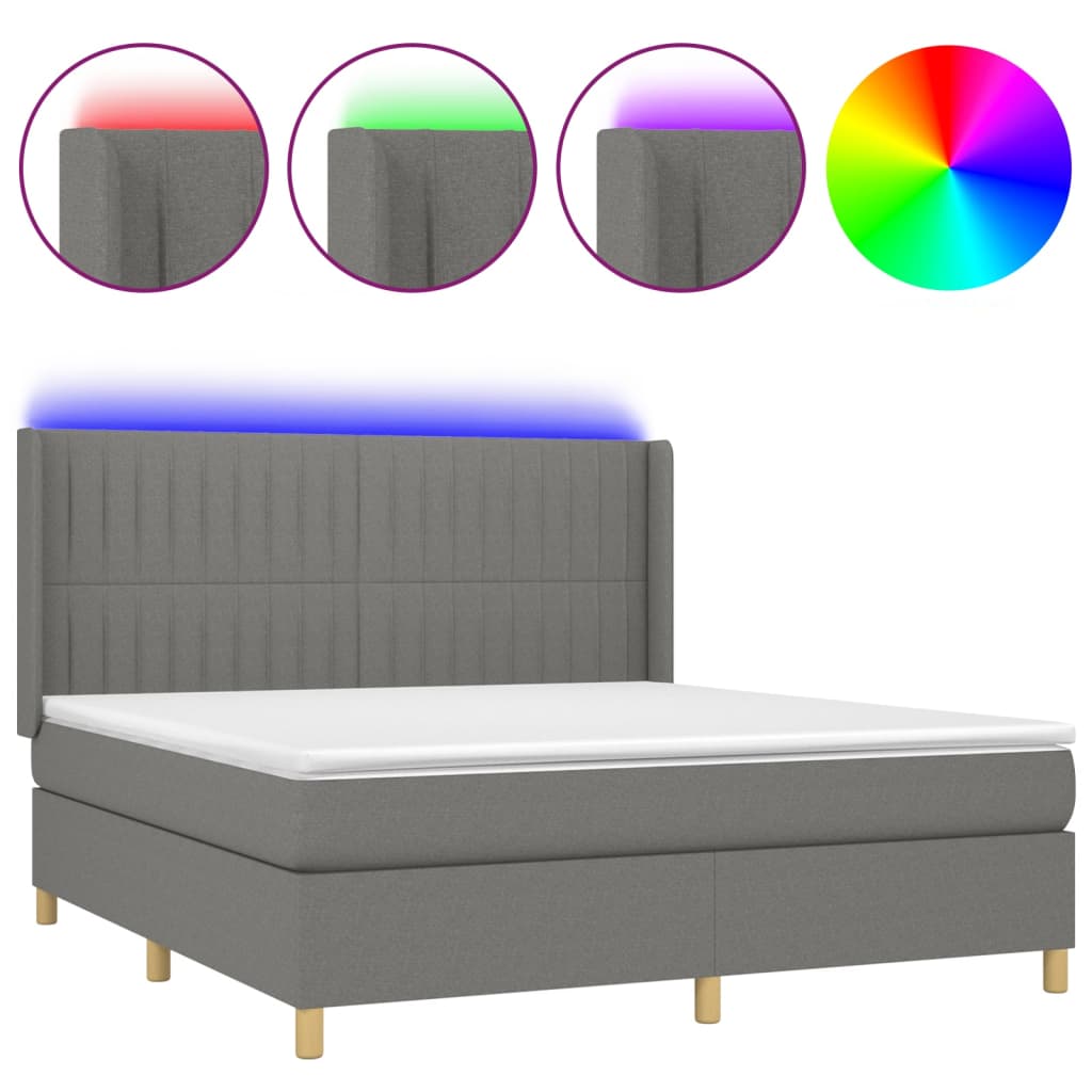 Cama box spring c/ colchão e LED 160x200 cm tecido cinza-escuro