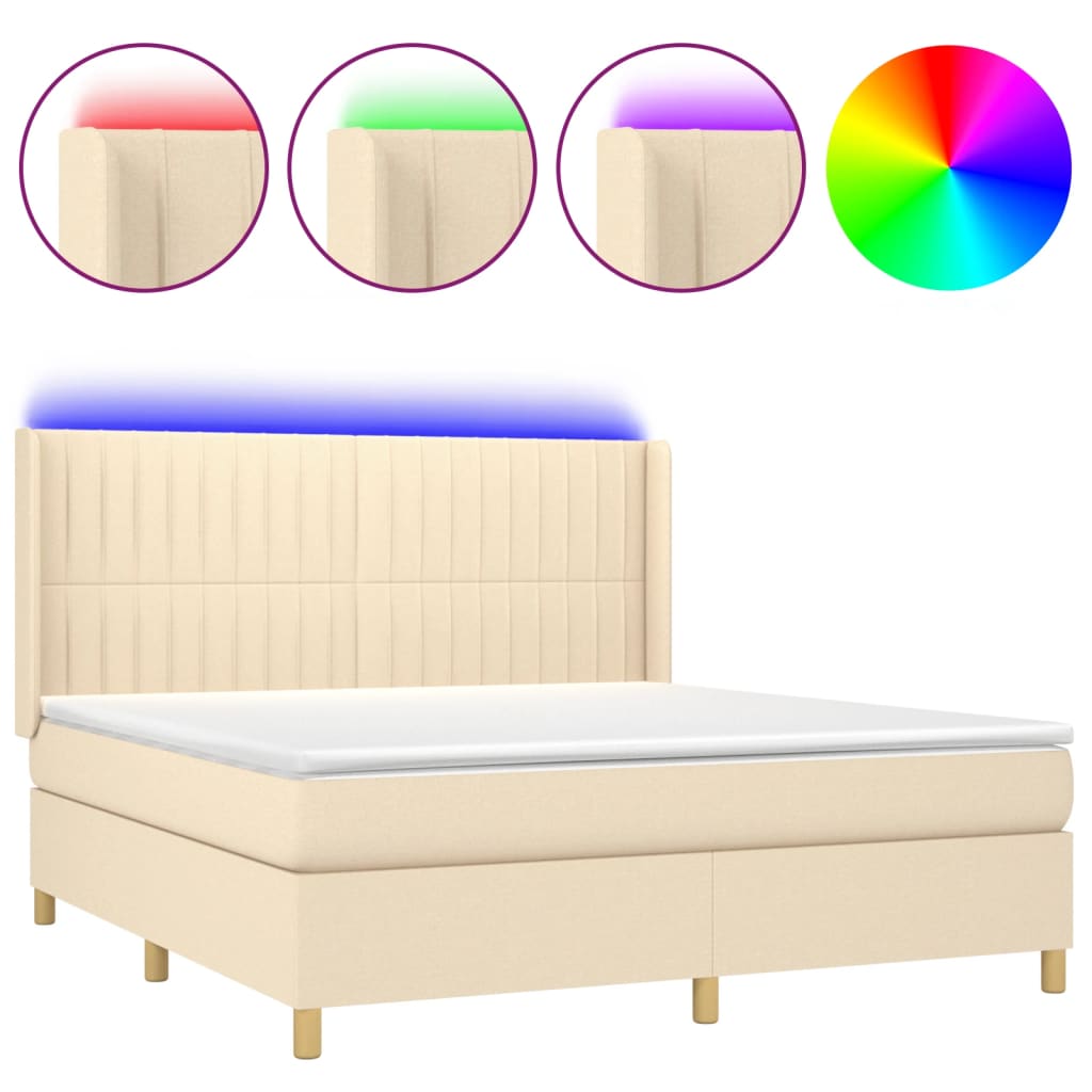 Cama box spring c/ colchão e LED 180x200 cm tecido cor creme