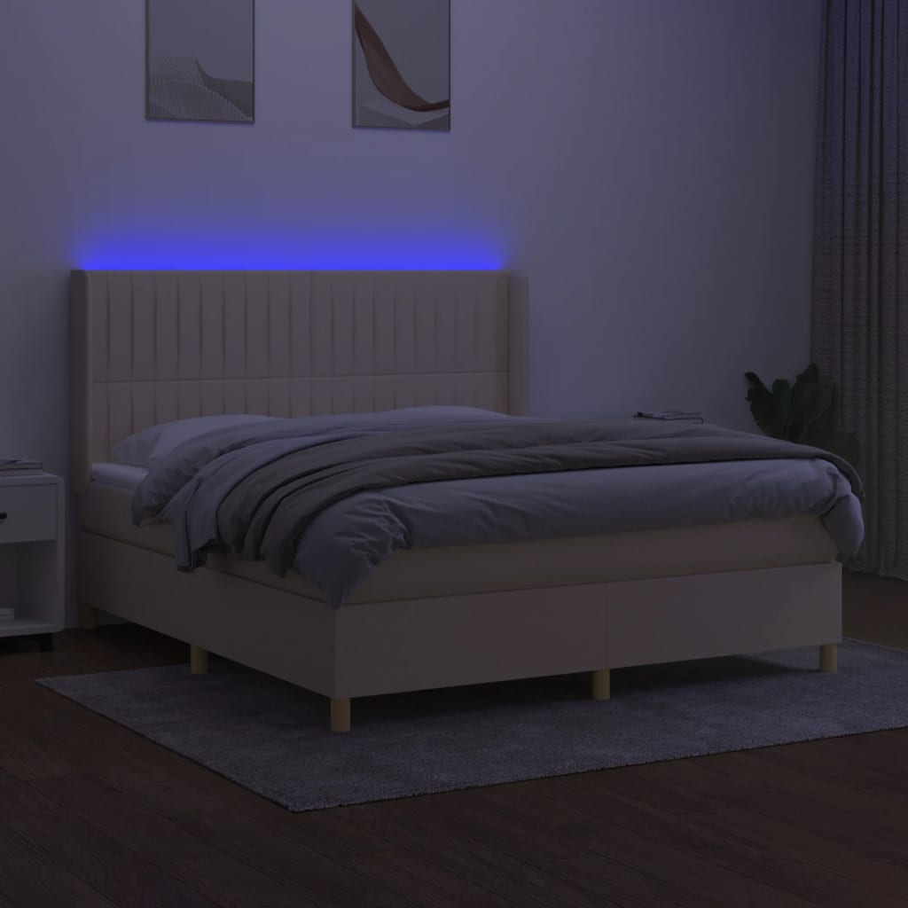 Cama box spring c/ colchão e LED 180x200 cm tecido cor creme