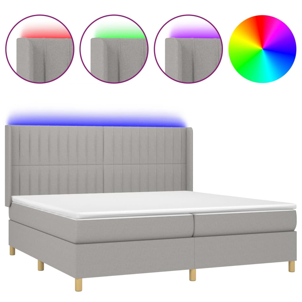 Cama box spring c/ colchão e LED 200x200 cm tecido cinza-claro