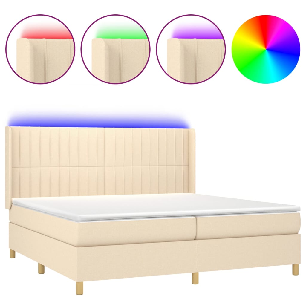 Cama box spring c/ colchão e LED 200x200 cm tecido cor creme