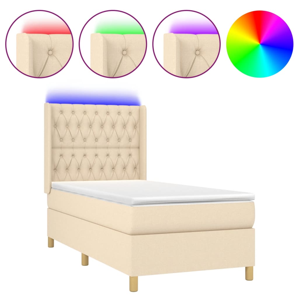 Cama box spring c/ colchão e LED 90x190 cm tecido cor creme