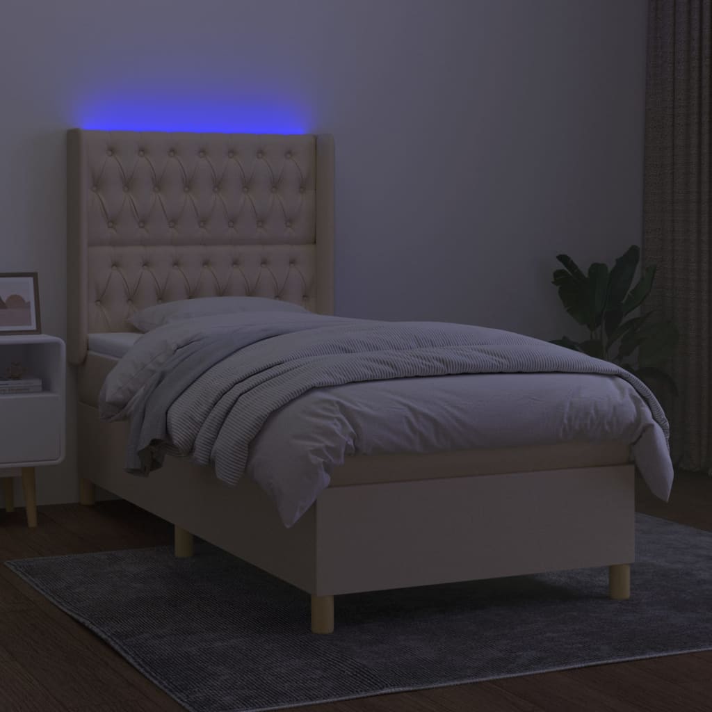 Cama box spring c/ colchão e LED 90x190 cm tecido cor creme