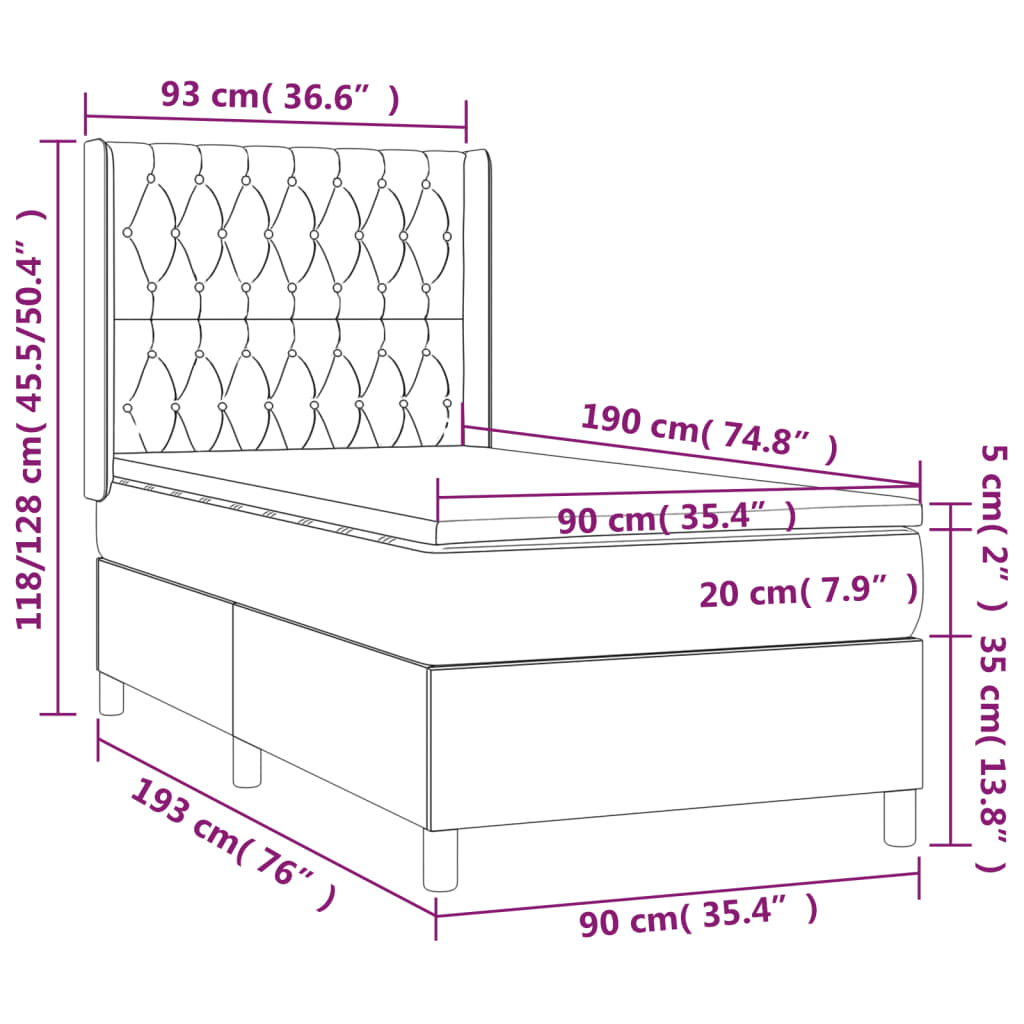 Cama box spring c/ colchão e LED 90x190 cm tecido cor creme