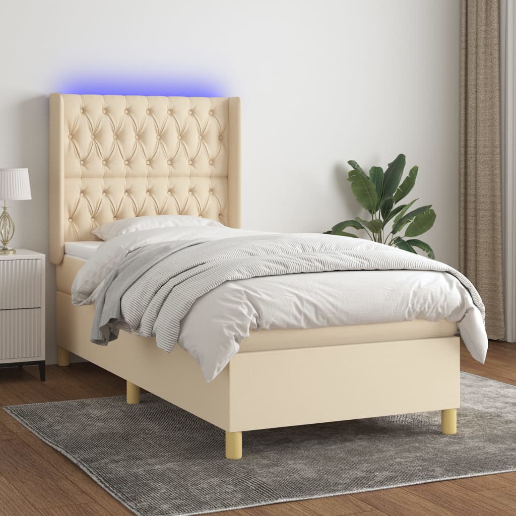 Cama box spring c/ colchão e LED 90x200 cm tecido cor creme