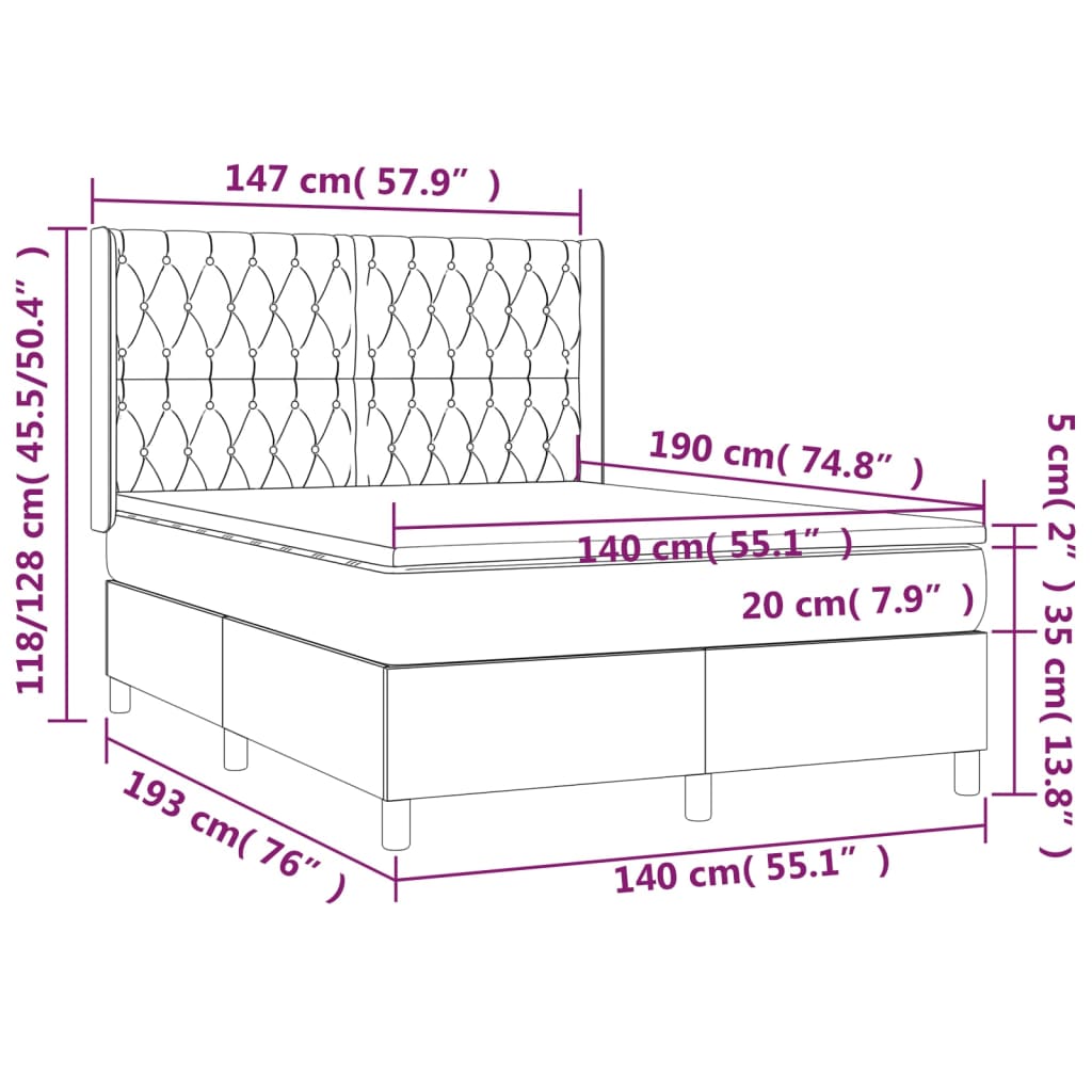 Cama box spring c/ colchão/LED 140x190cm tecido castanho-escuro