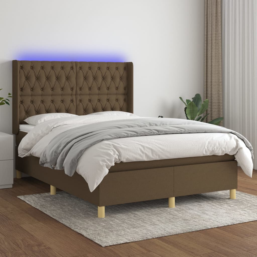 Cama box spring c/ colchão/LED 140x190cm tecido castanho-escuro