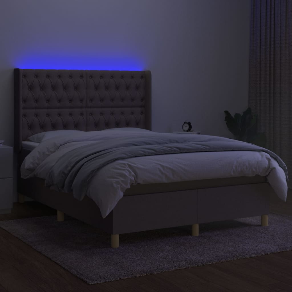 Cama box spring colchão/LED 140x190cm tecido cinza-acastanhado