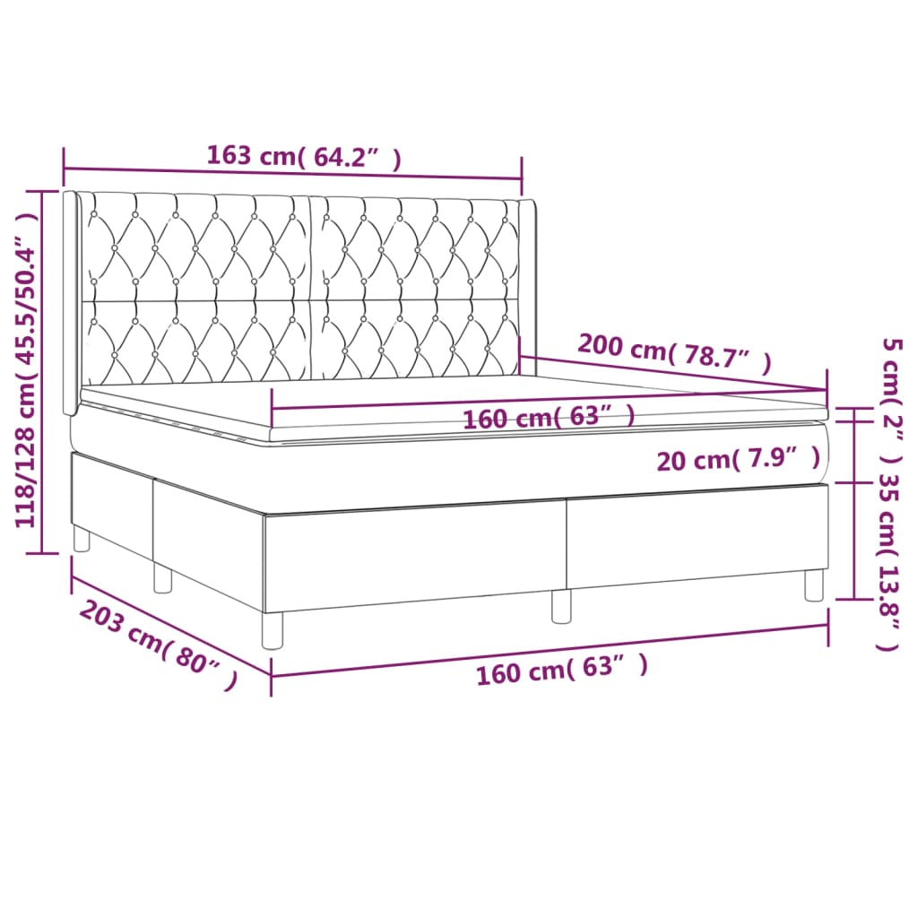 Cama box spring c/ colchão/LED 160x200cm tecido castanho-escuro