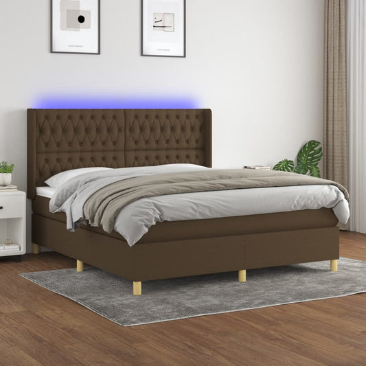 Cama box spring c/ colchão/LED 160x200cm tecido castanho-escuro