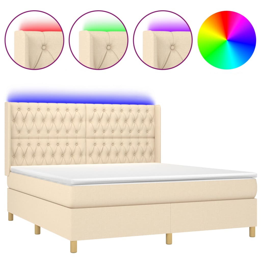 Cama box spring c/ colchão e LED 180x200 cm tecido cor creme