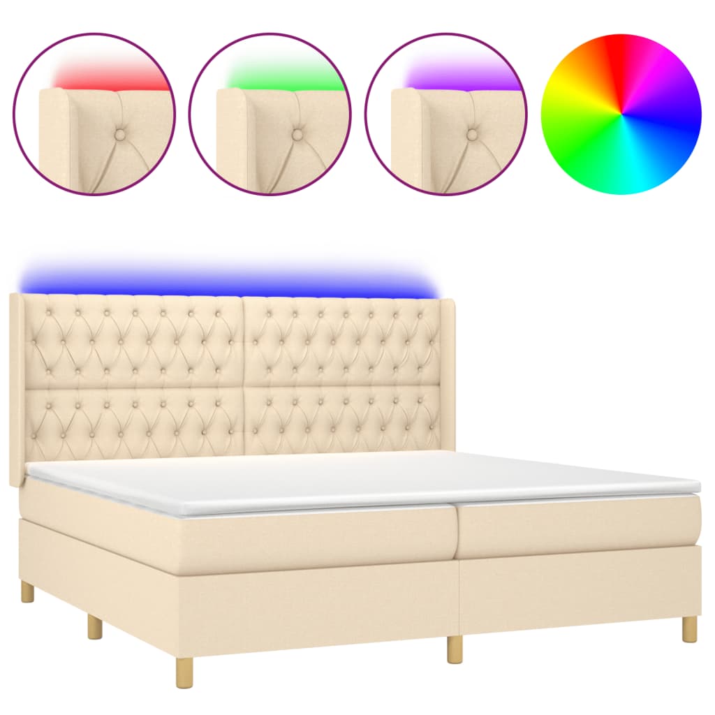 Cama box spring c/ colchão e LED 200x200 cm tecido cor creme