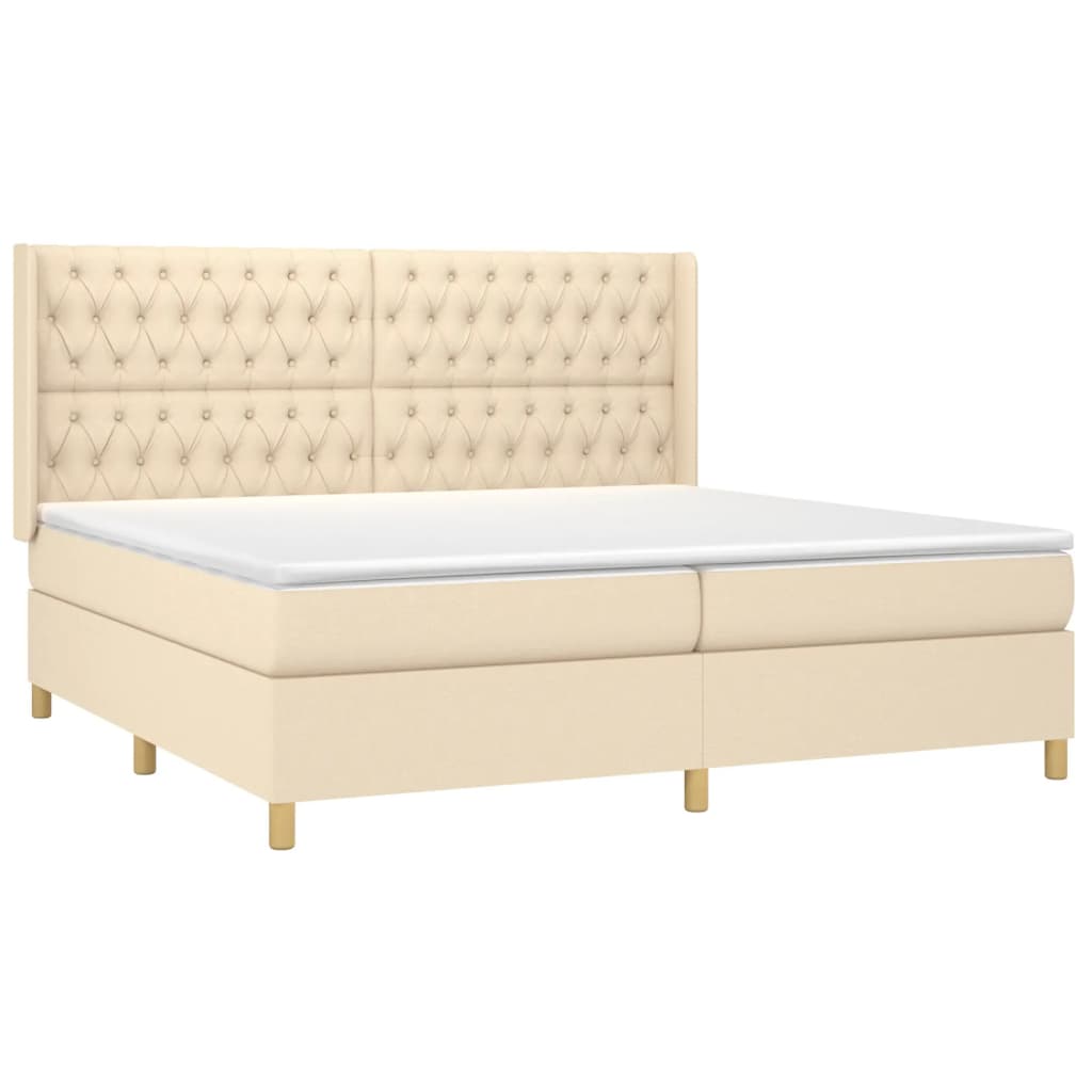 Cama box spring c/ colchão e LED 200x200 cm tecido cor creme