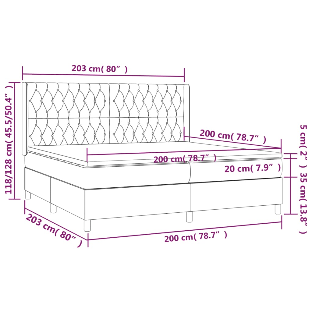 Cama box spring c/ colchão e LED 200x200 cm tecido azul