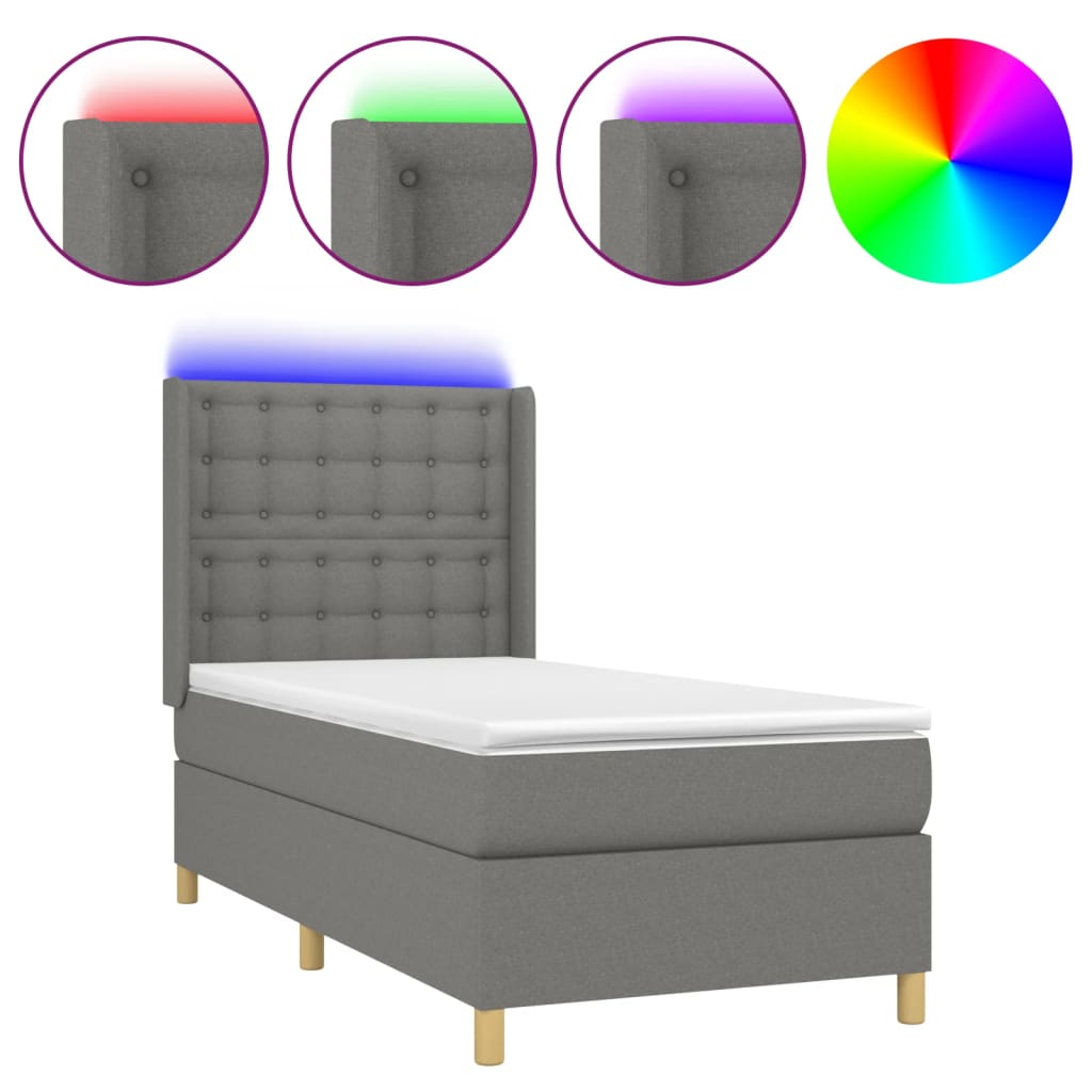 Cama box spring c/ colchão e LED 90x190 cm tecido cinza-escuro