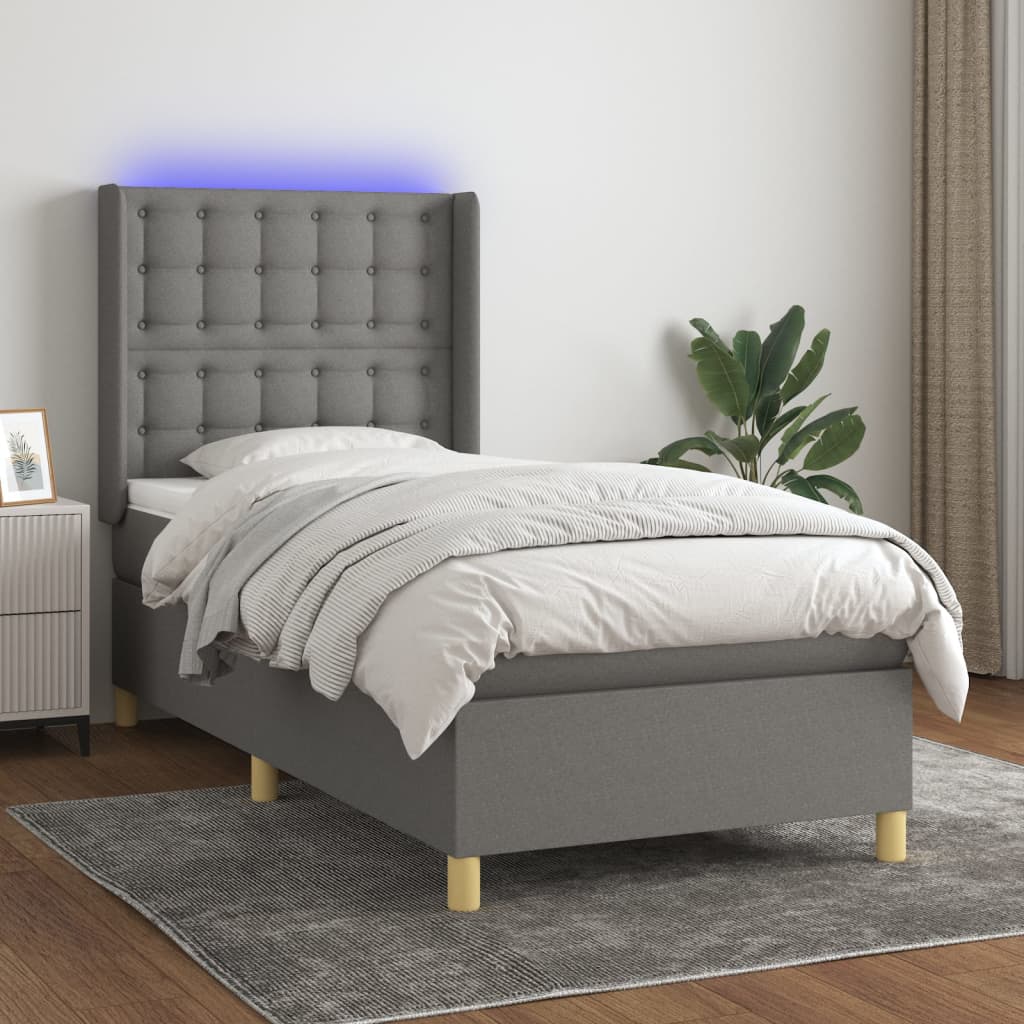 Cama box spring c/ colchão e LED 90x190 cm tecido cinza-escuro