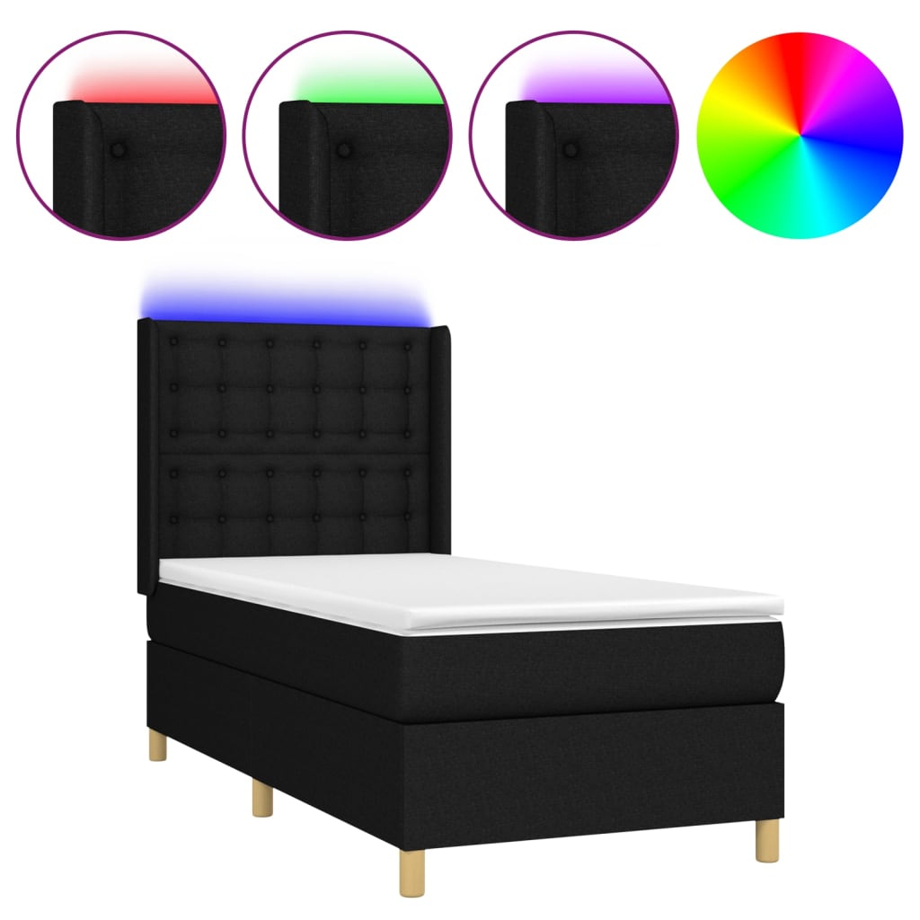 Cama box spring c/ colchão e LED 90x190 cm tecido preto