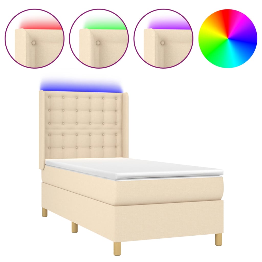 Cama box spring c/ colchão e LED 90x190 cm tecido cor creme